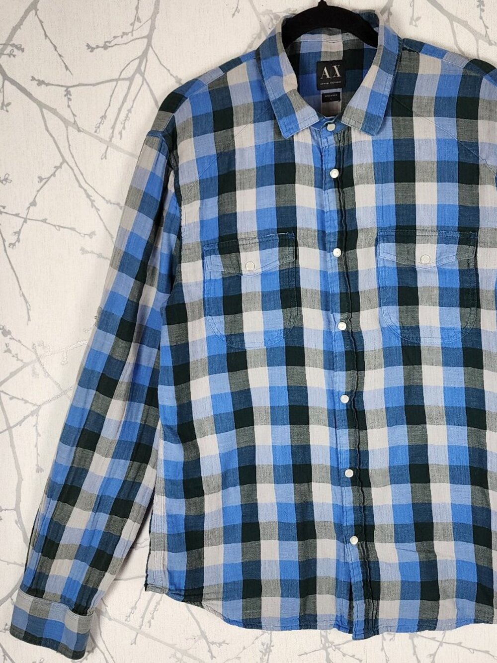 Armani Exchange Blue Plaid Cotton Gauze Pearl Snap Western Shirt